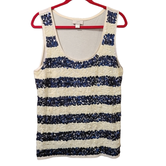 EUC! *BUNDLE 2 TOPS, GET 1 FREE!* Ann Taylor Navy&Off White SequinTank🌟 Large - Picture 1 of 4